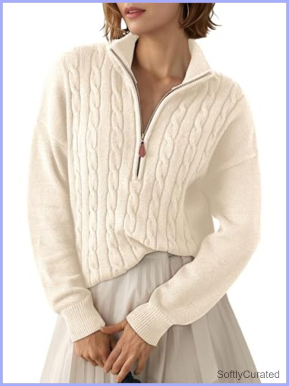 Ribbed Cable Knit Sweater Quarter Zip V Neck Relaxed Fall Winter Pullover